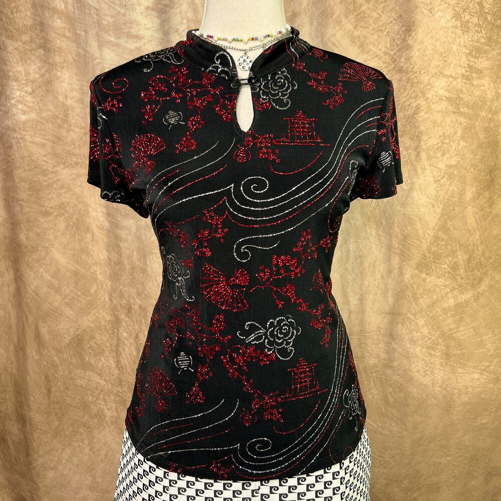 Vintage 90s Chinese Art Top Glitter Black Red Nehru Neck Cap Sleeve Harajuku Y2K